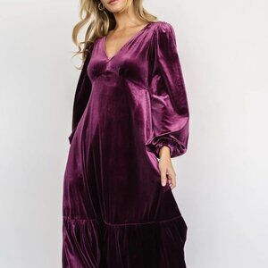 V-Neck Long Sleeve Midi Velvet Dress
